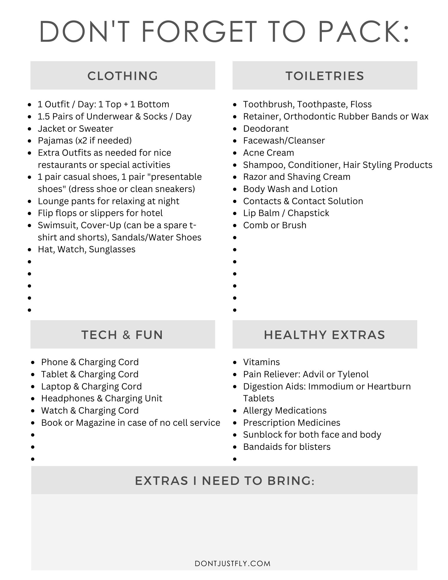 The image shows a preview of the printable packing list for teenage boys.