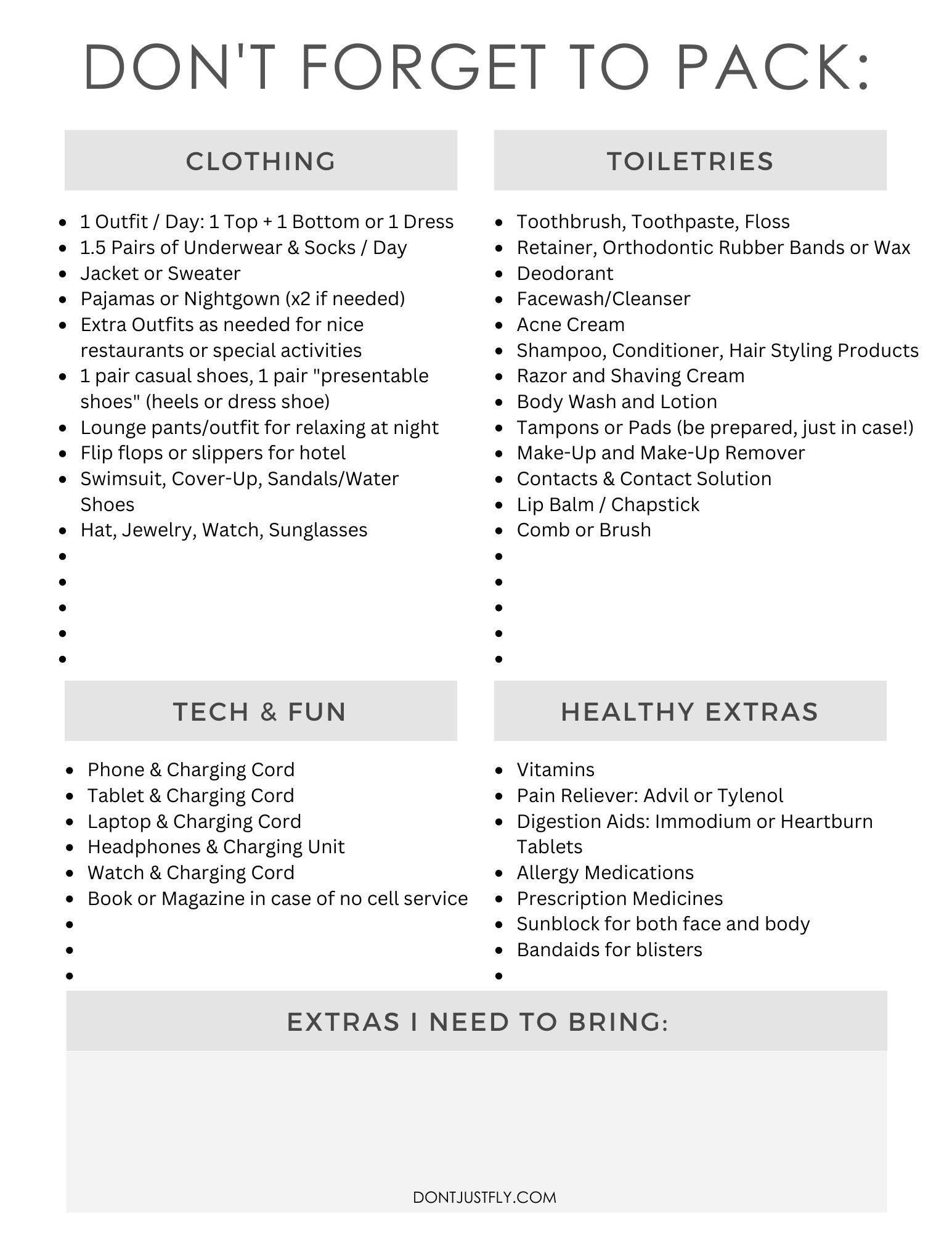 The image shows a preview of the printable packing list for teenage girls.