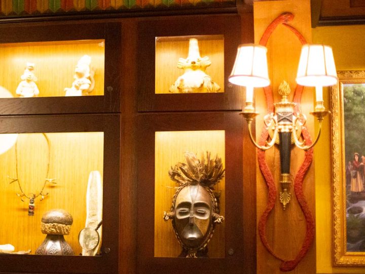A peek inside the restaurant shows the tribal decor that matches the Jungle Cruise ride.