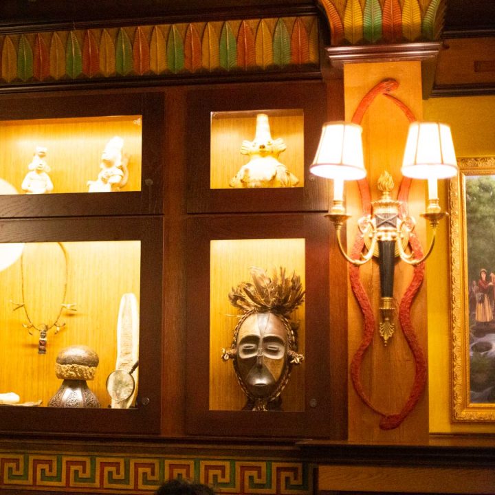 A peek inside the restaurant shows the tribal decor that matches the Jungle Cruise ride.