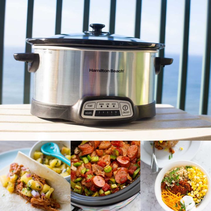 A slowcooker sits on a table in front of the beach. Other photos in the collage show the recipes.