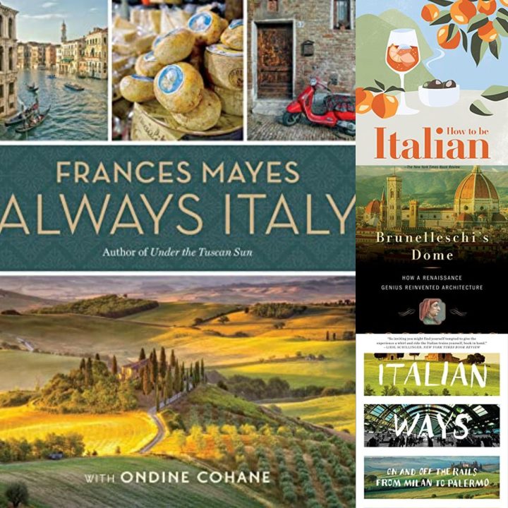 A photo collage shows several non-fiction travel books about Italy for adults.