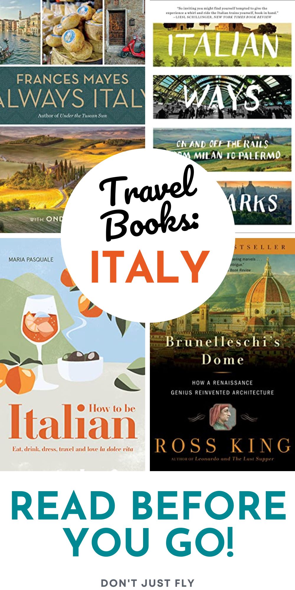 A photo collage shows the best books to read about Italy before a trip.