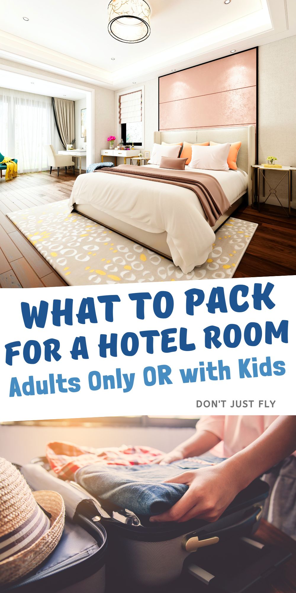 A photo collage shows a hotel room on top and a picture of a person packing a suitcase below.