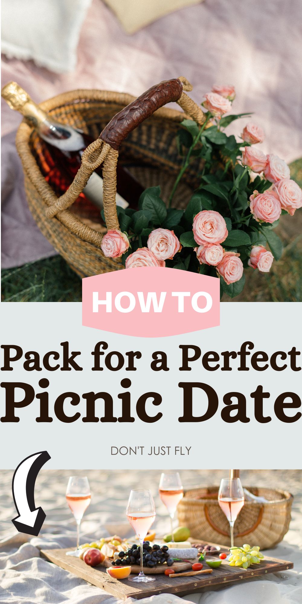 The photo collage shows a picnic basket filled with roses next to a beach picnic scene with wine.