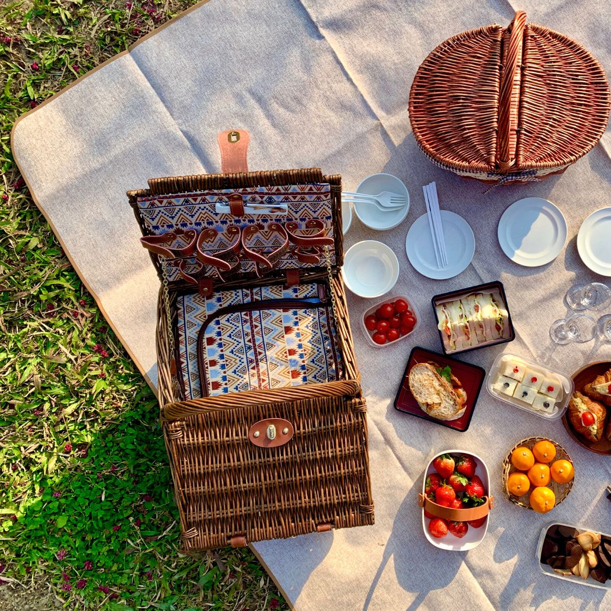 A picnic basket sits on a blanket on the grass. Small plates of food are placed all around.