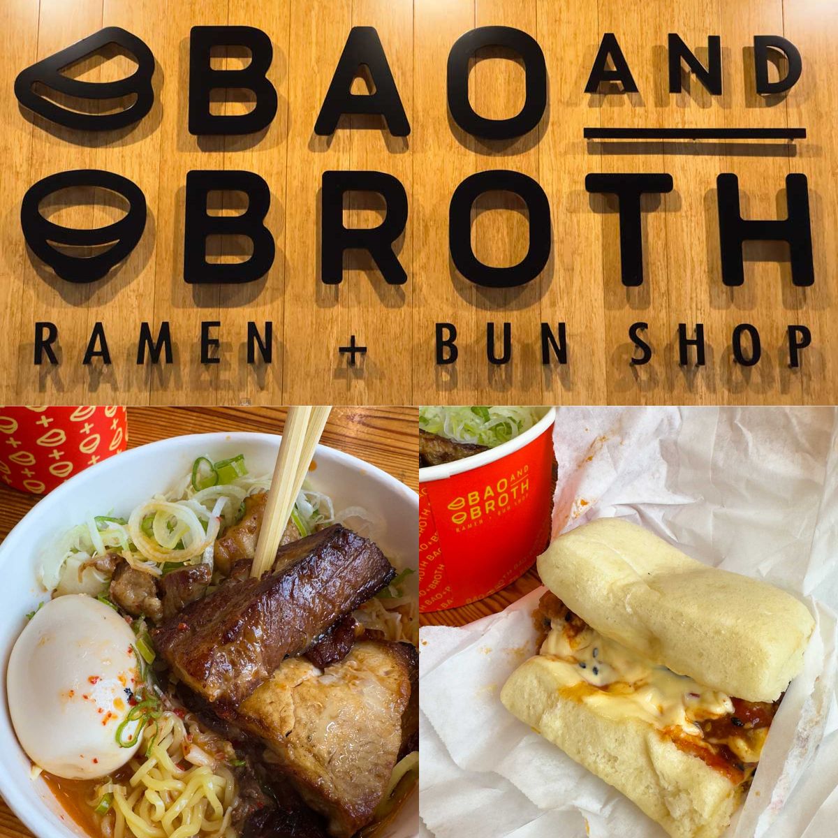 The photo collage shows the sign at the Bao and Broth Ramen shop next to 2 photos of menu items up close.