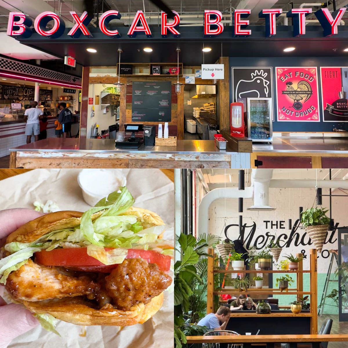 The photo collage shows the sign outside the Boxcar Betty restaurant next to a photo of the chicken sandwich you can order there.