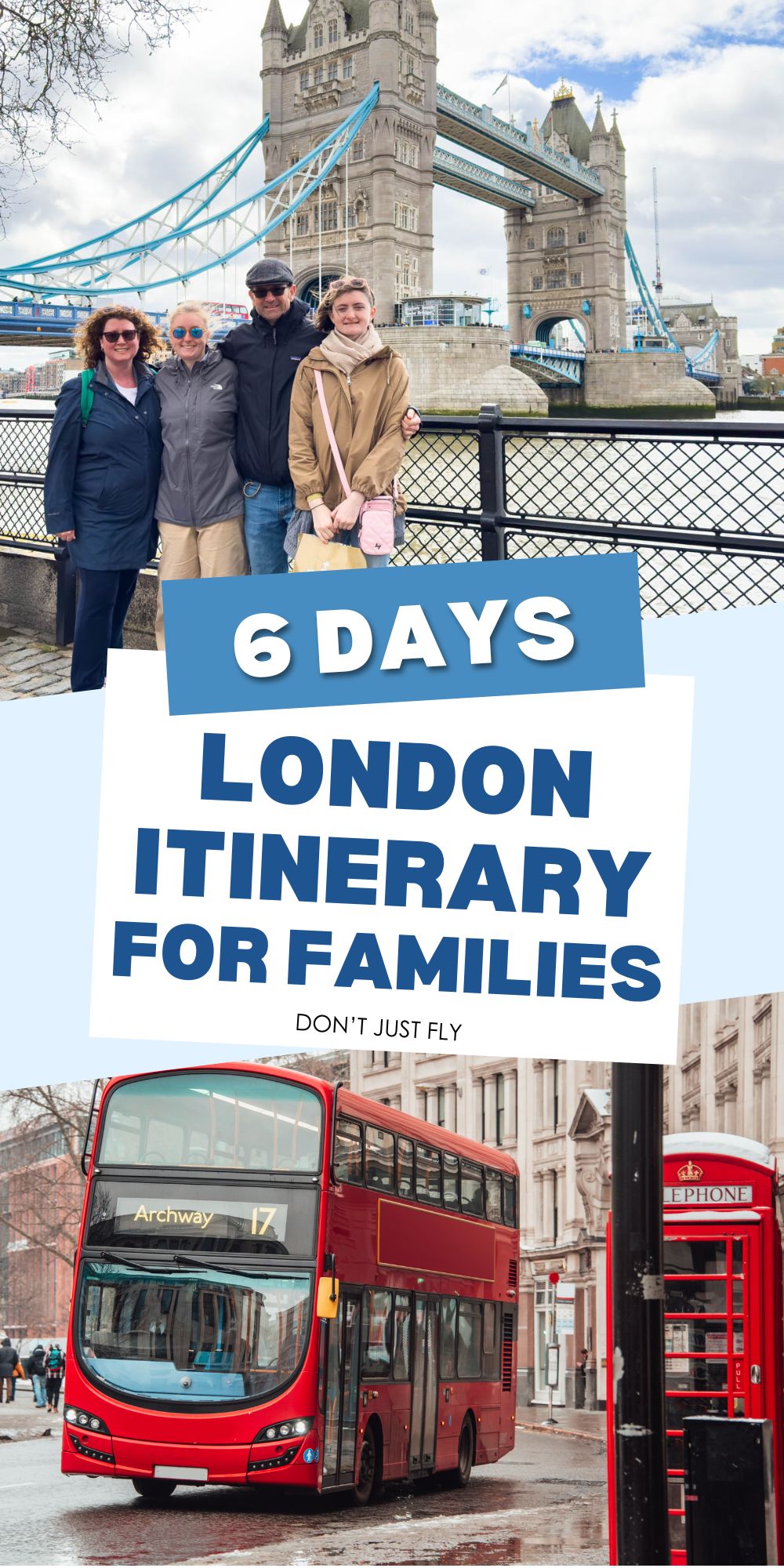 The photo collage shows a family in front of the Tower Bridge next to a photo of a red bus in London.