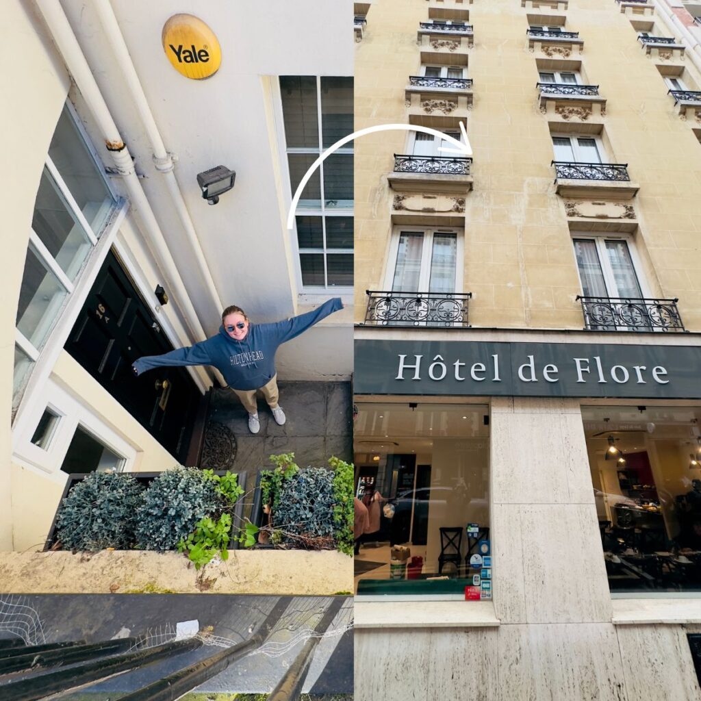 The photo collage shows a girl standing in front of an AirBNB door next to a picture of the front of a hotel.