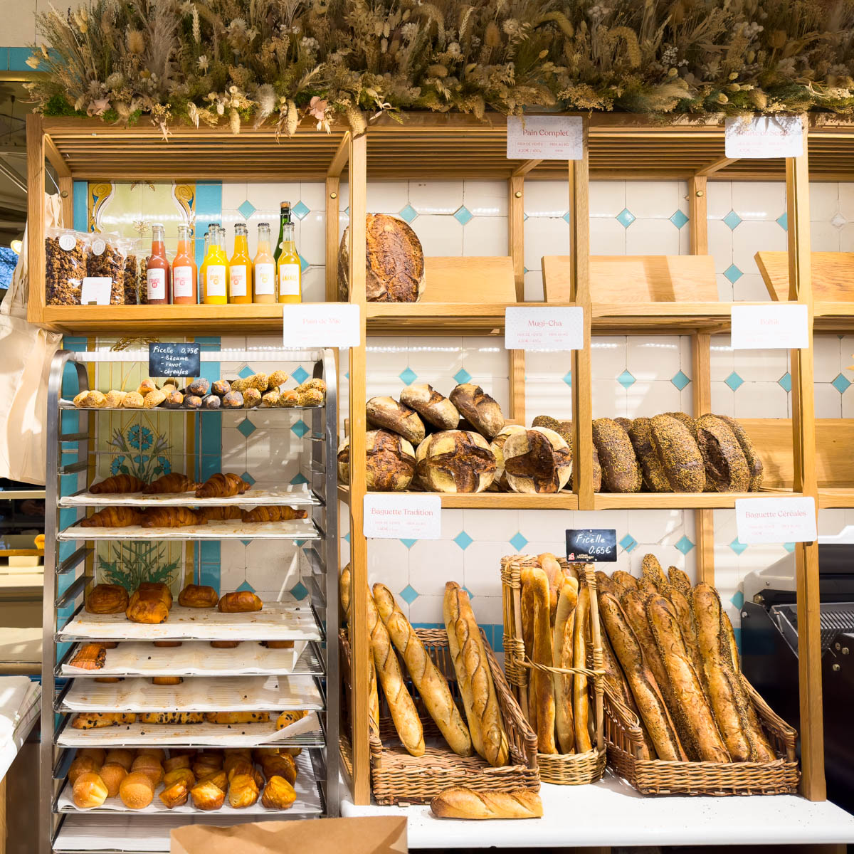 A bakery display of fresh baked breads.