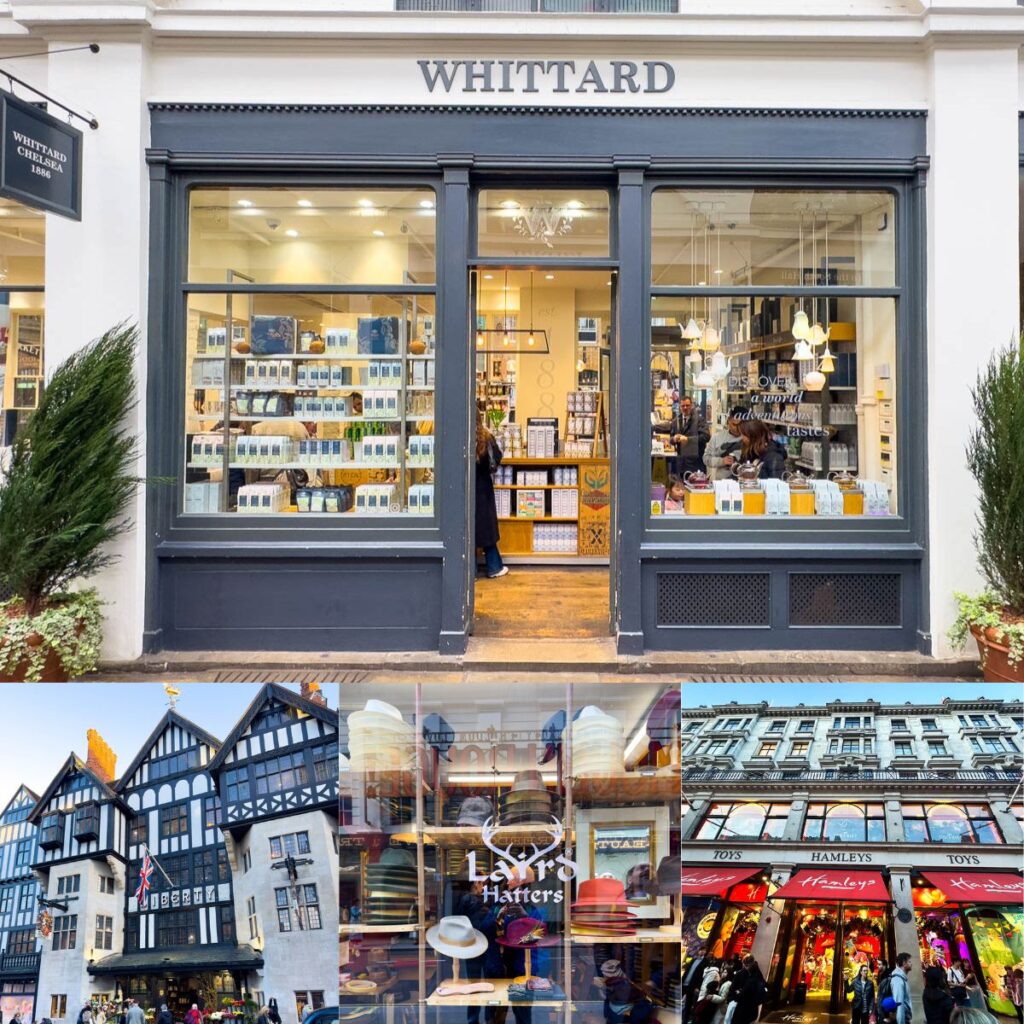 The photo collage shows the store front of 4 shops in London.