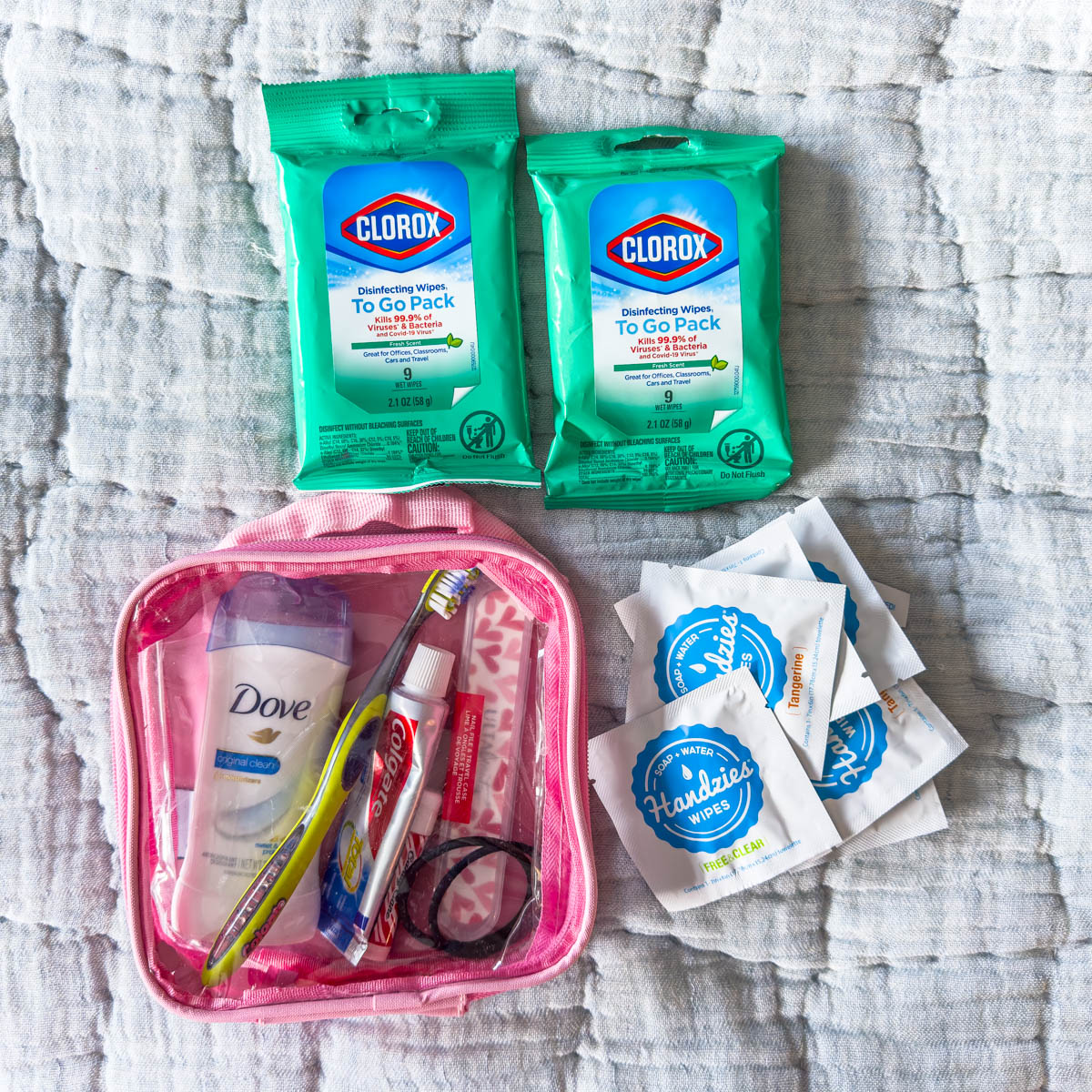 Hand wipes and a personal items container.