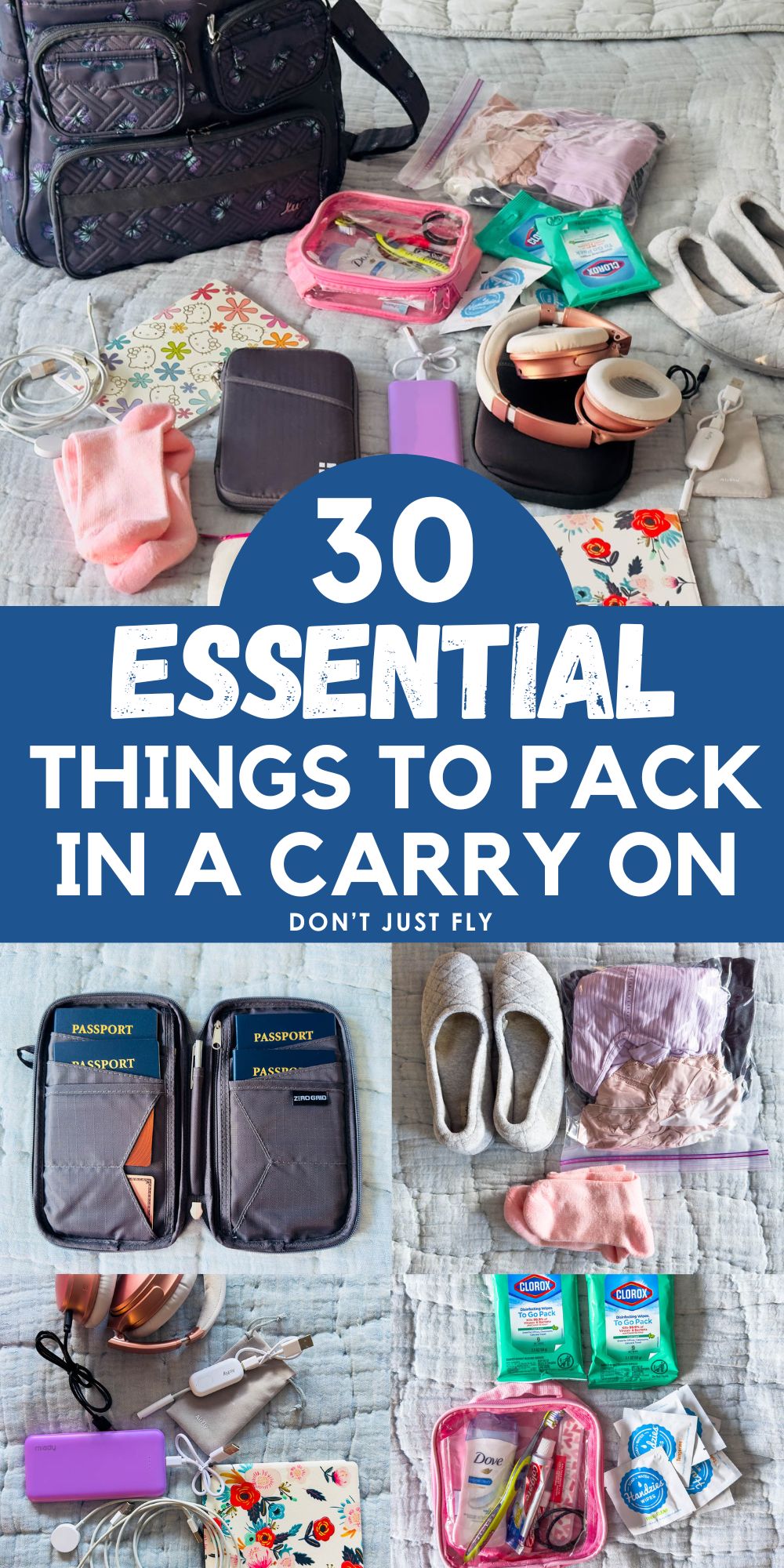 The photo collage shows all the things to pack in a carry on bag for an International flight.