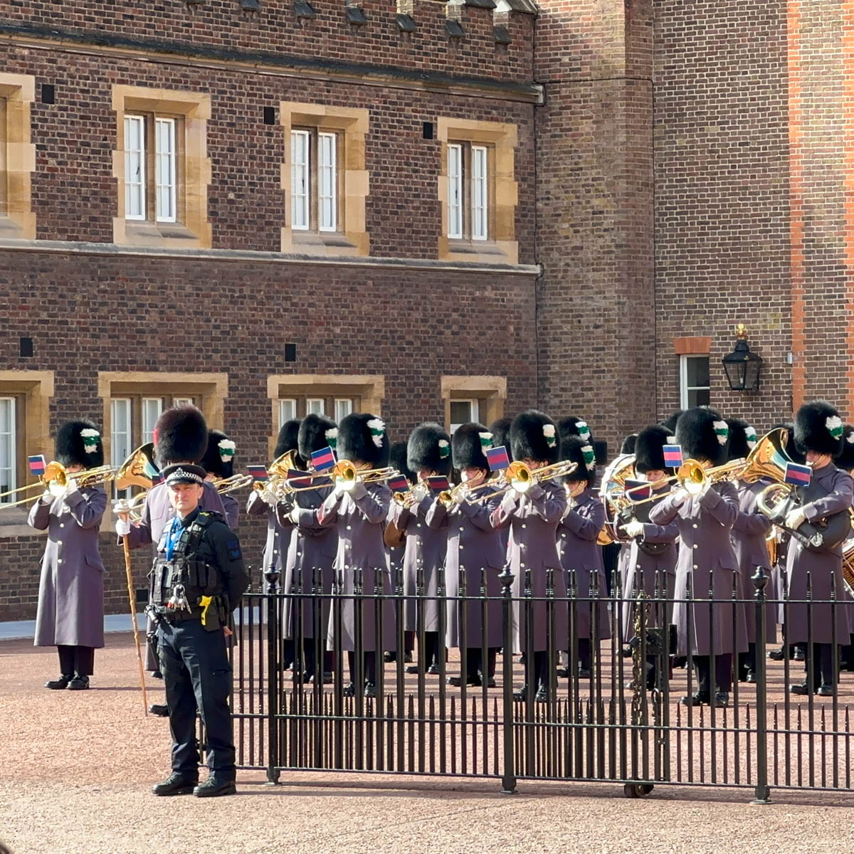 The royal guard band playing outside of St. James Palace