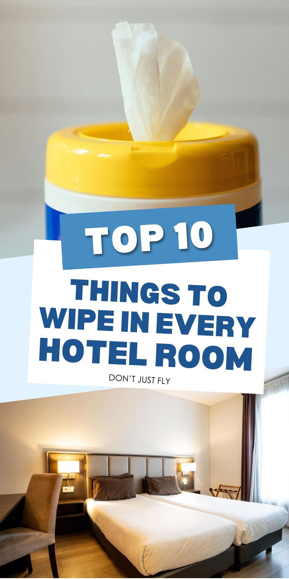 A photo collage shows a bottle of bleach wipes next to a photo of a hotel room.