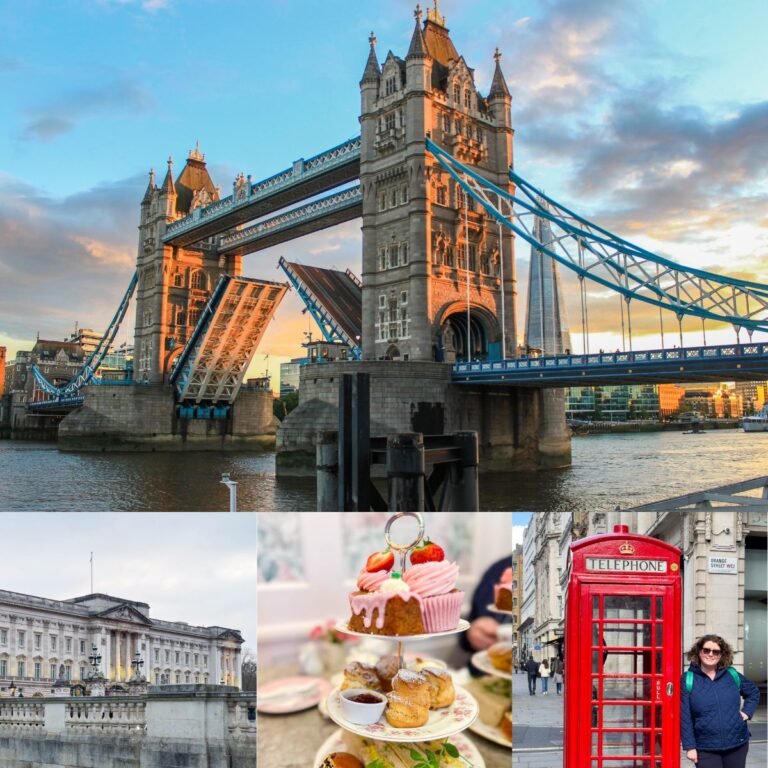 The photo collage shows the Tower Bridge next to Buckingham Palace, a tea party, and a red phone booth.
