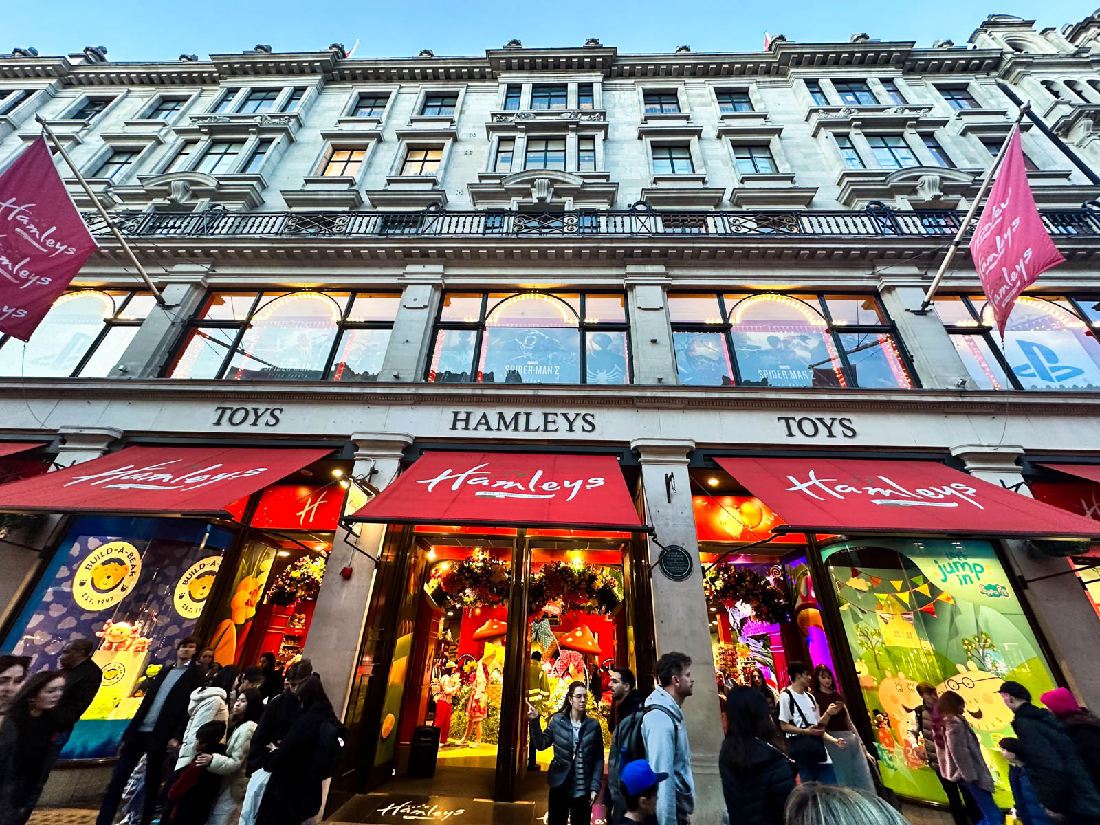 The red awnings outside Hamleys shop