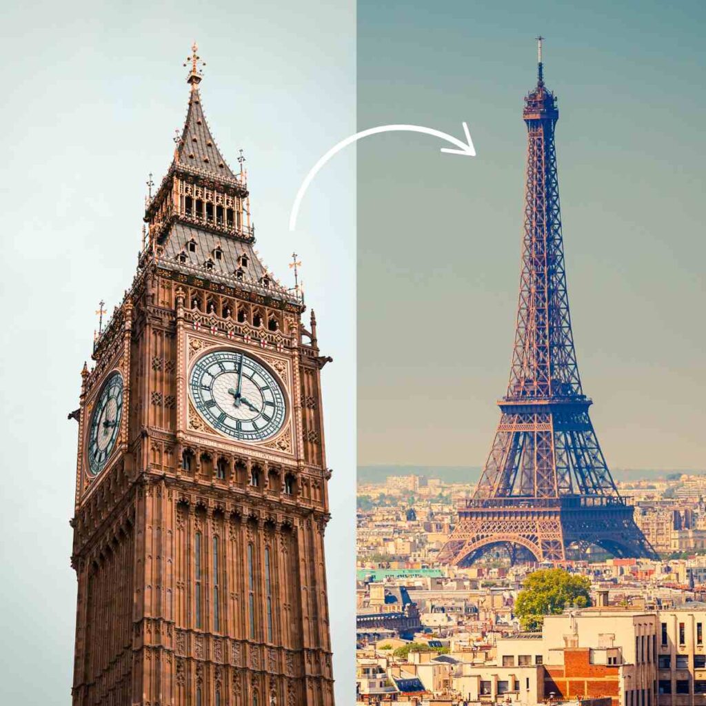 The photo collage shows Big Ben next to the Eiffel Tower.