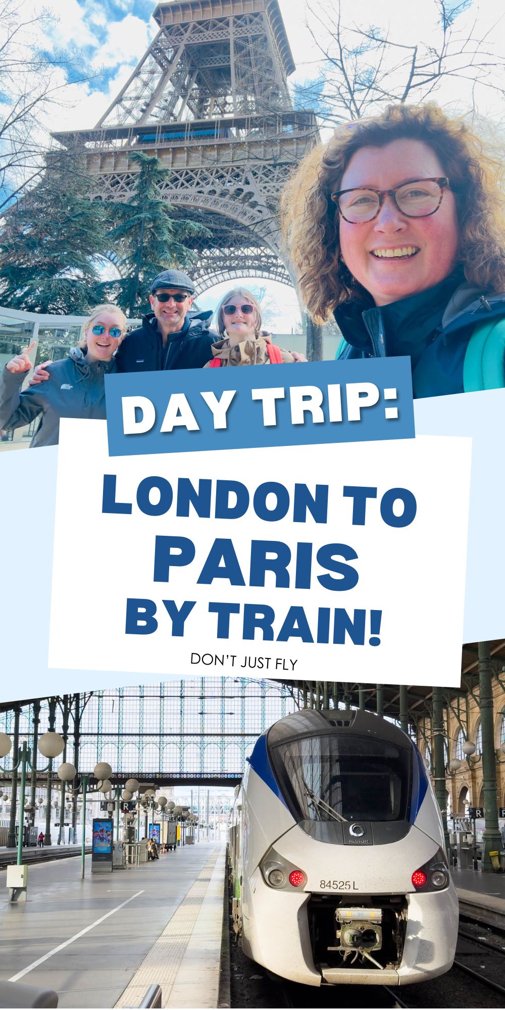 The photo collage shows a family by the eiffel tower next to a photo of the commuter train from London.