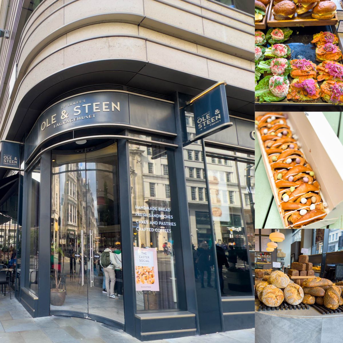A Danish bakery in London, the store front next to pictures of their pastries.