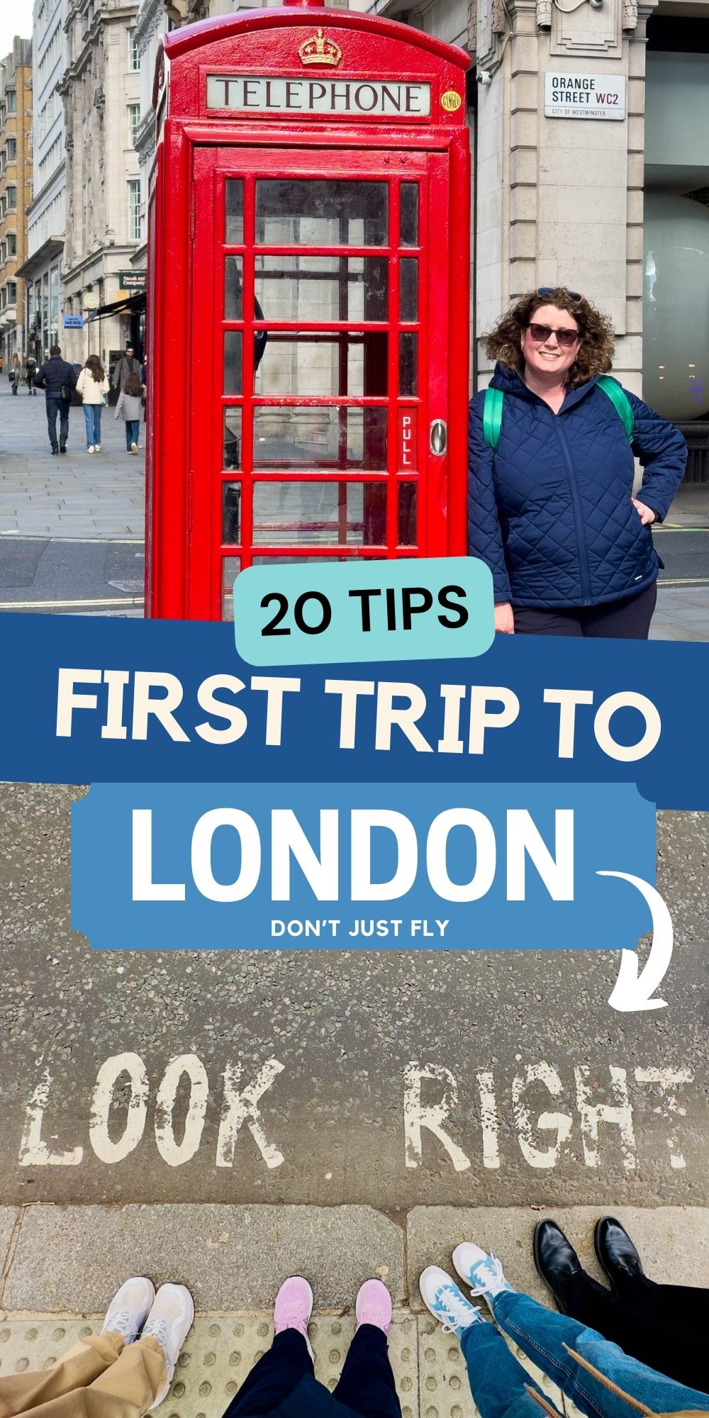 The photo collage shows the author in London standing next to a red phone booth next to a photo of her family lined up on the sidewalk next to a "Look Right" sign.