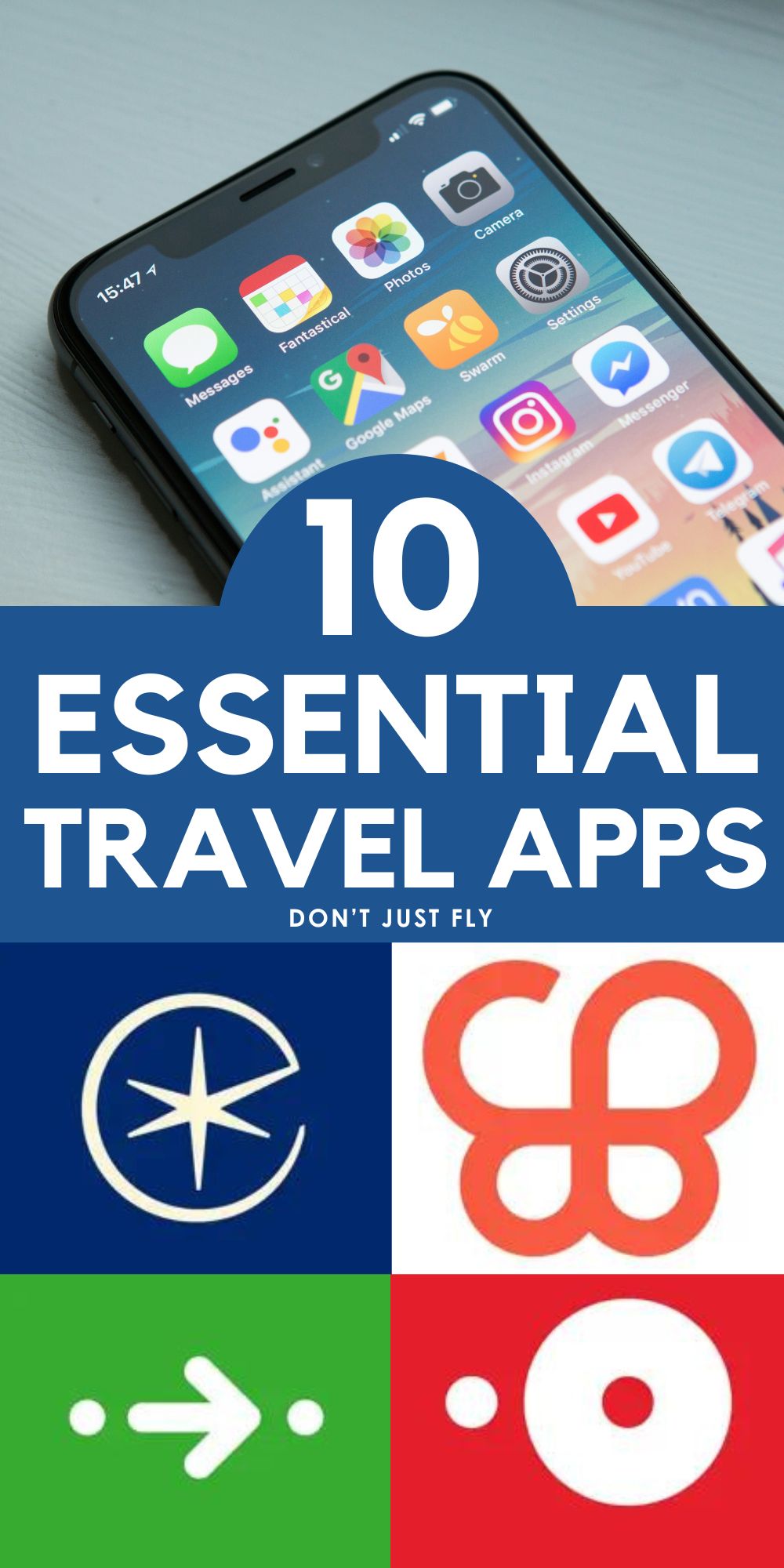The photo collage shows several logos of travel apps next to an iPhone.