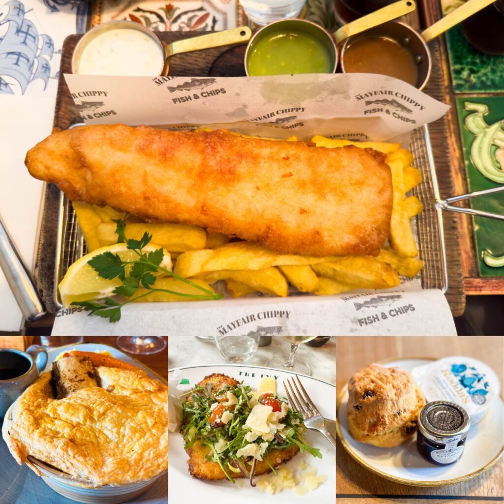 A photo collage shows fish and chips, a beef pie, chicken cutlet, and a scone with clotted cream.