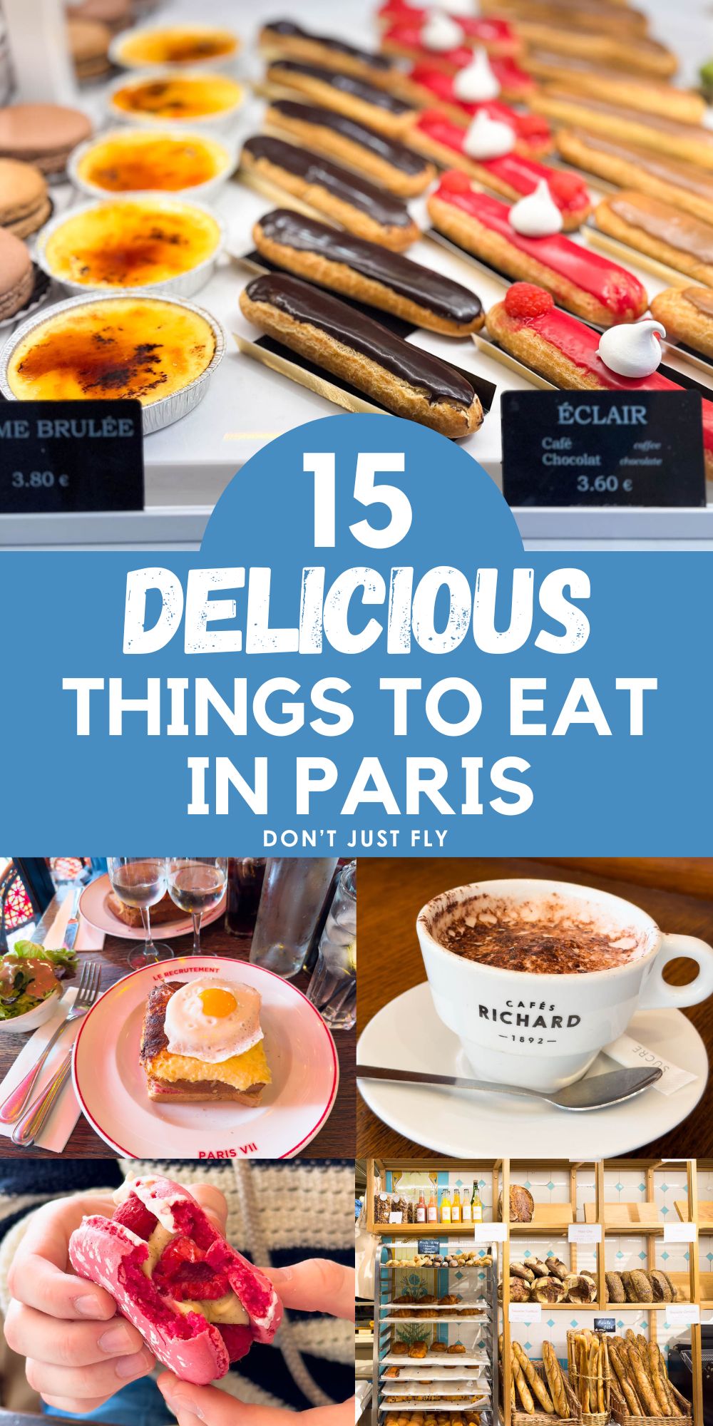 The photo collage shows photos of 5 different foods served in Paris.