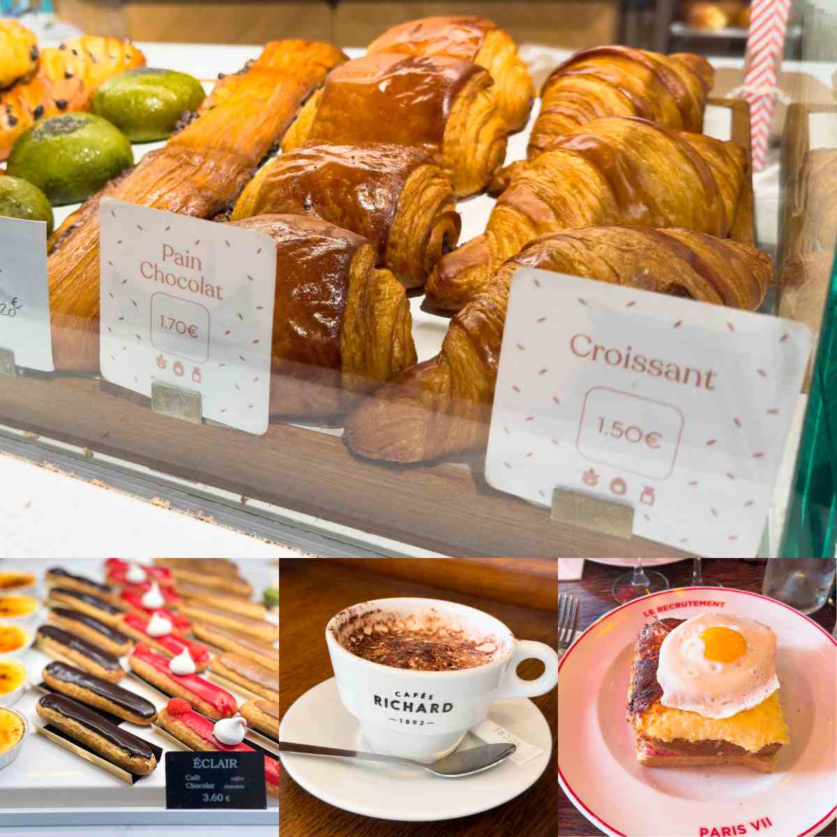 The photo collage shows croissants, eclairs, hot chocolate and a croque madame.