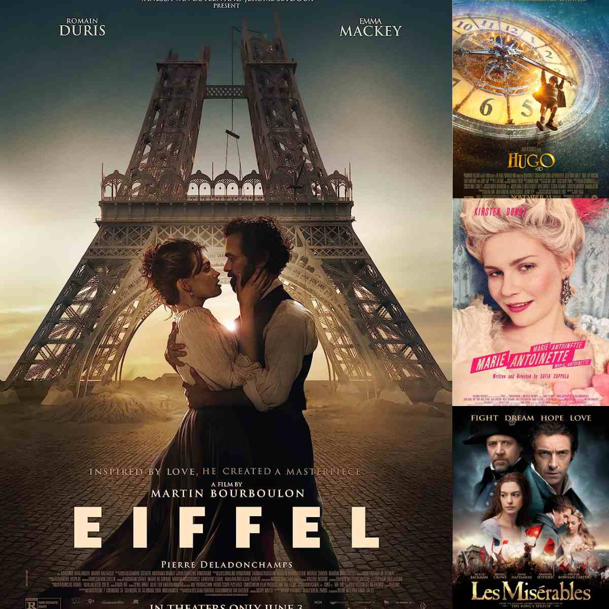 The photo collage shows several movie posters for movies set in Paris.