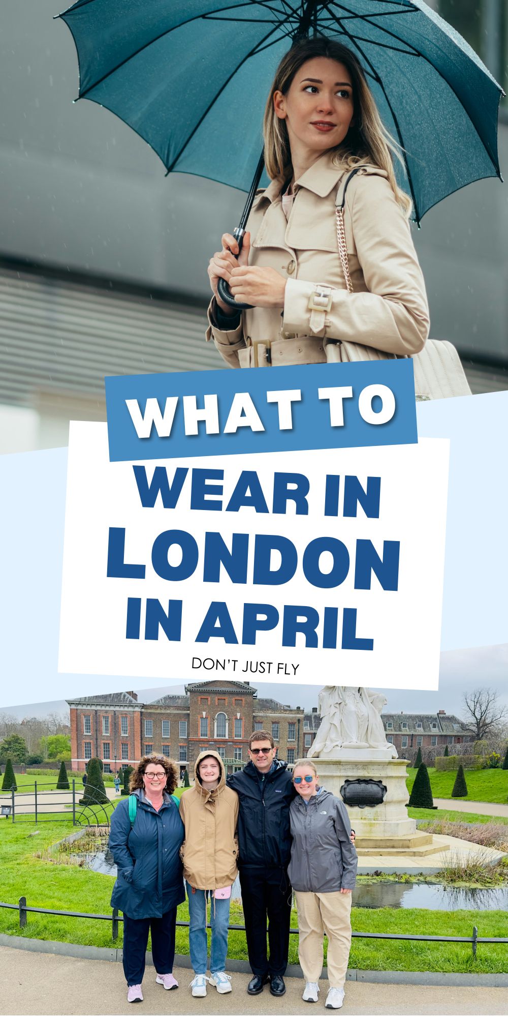 The photo collage shows several outfits to wear in London.