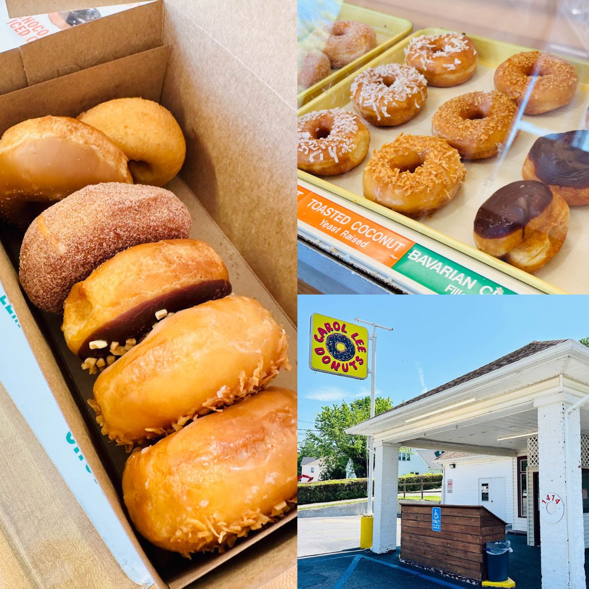 The photo collage shows the donuts and outside of the donut shop.