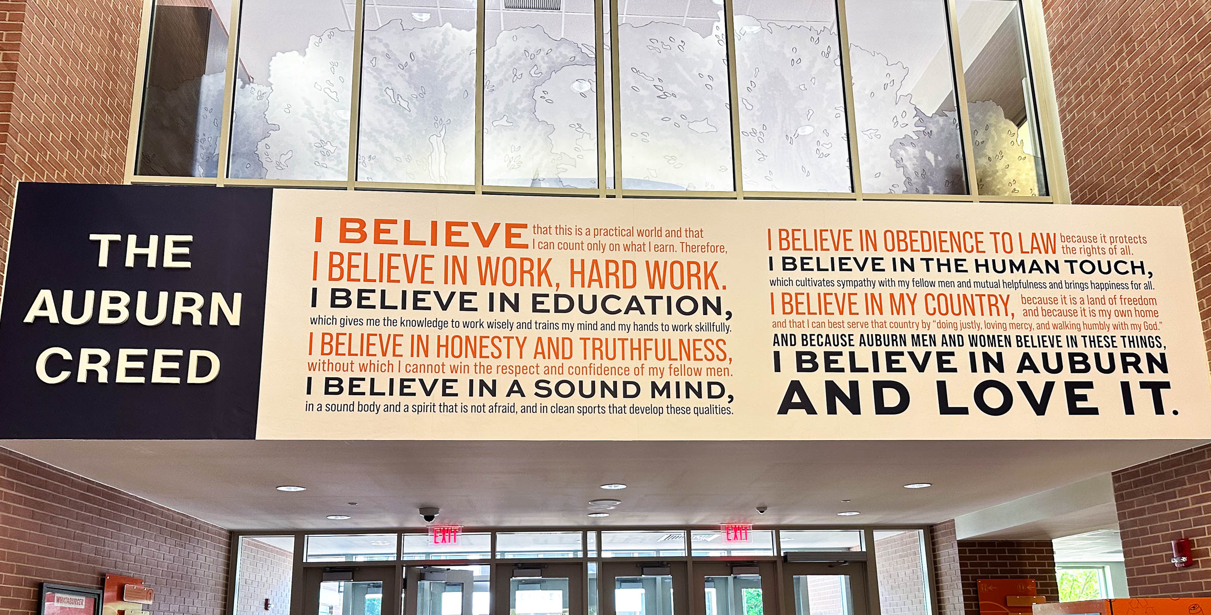 The Auburn creed is printed and displayed in the student center.