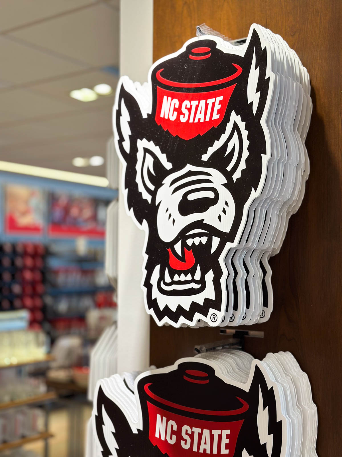 The wolf sign in the bookstore at NC State.