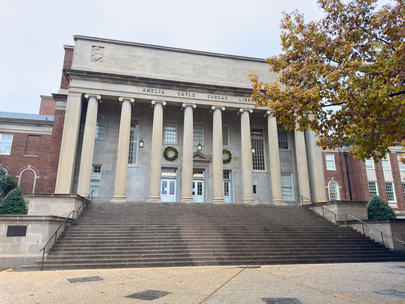 The massive library with stone pillars is up a flight of steps.