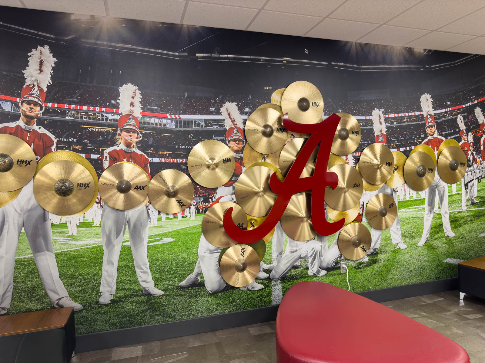 The wall of cymbals in the music building.