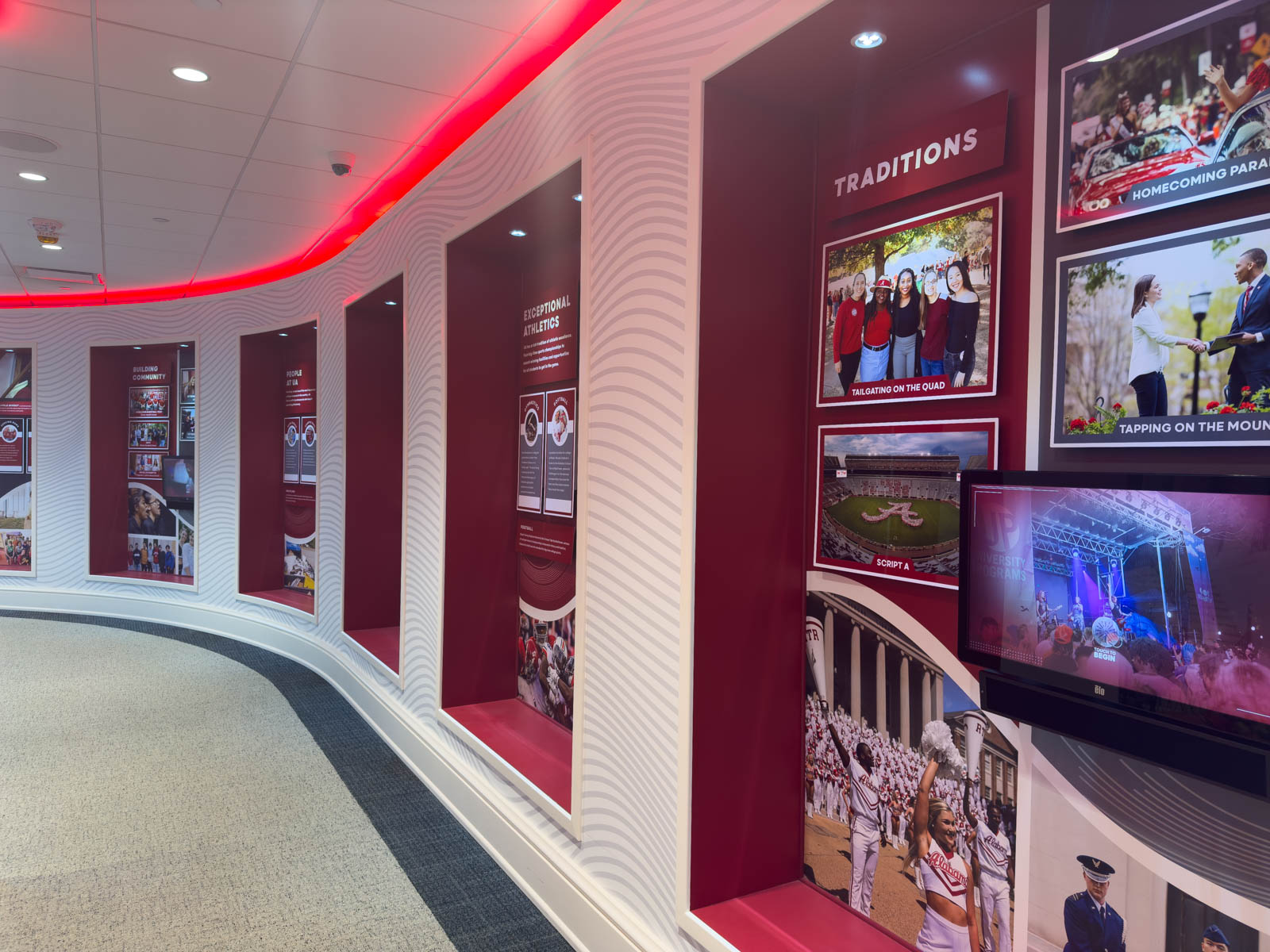 A wall of displays inside the welcome center.