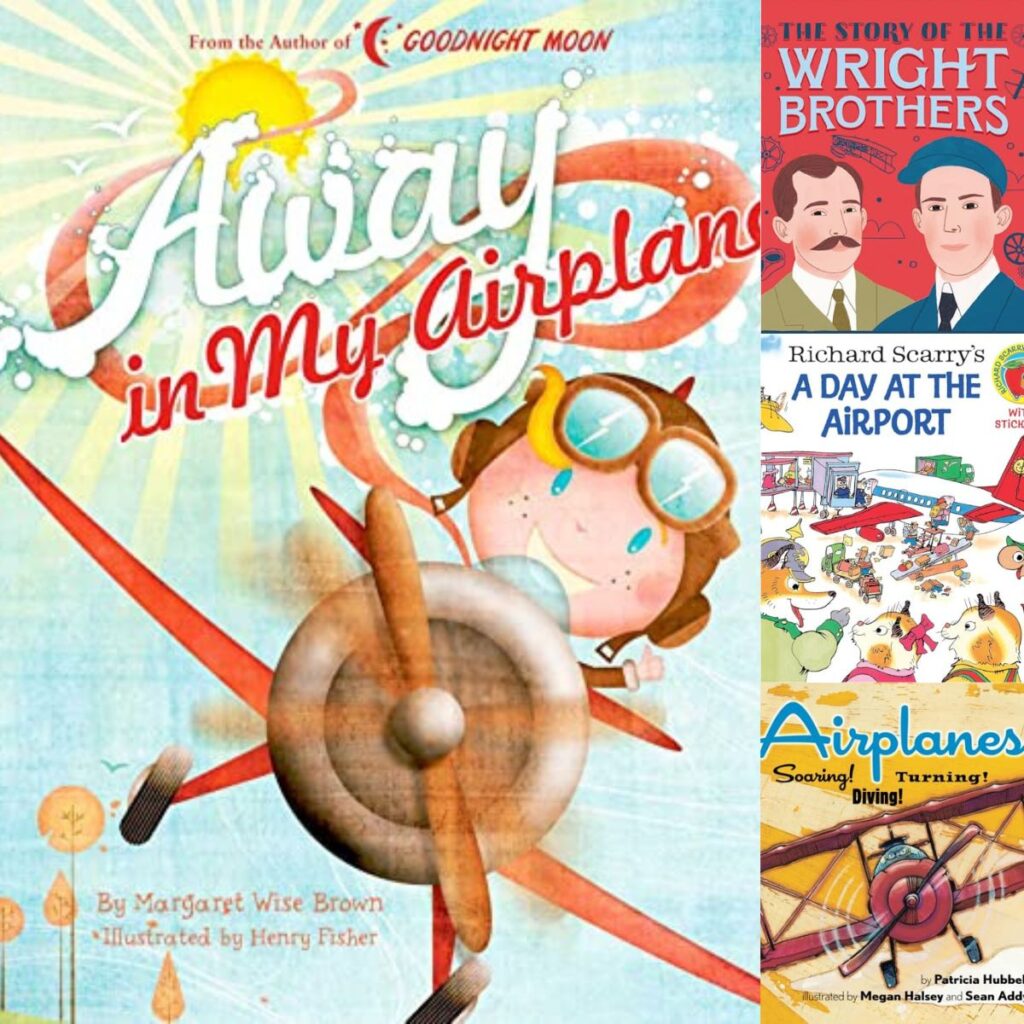 The photo collage shows 4 picture books about planes, airports, and flying.