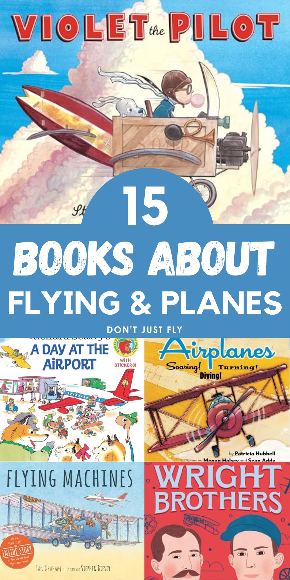 The photo collage shows 5 picture books about planes, airports, and flying.