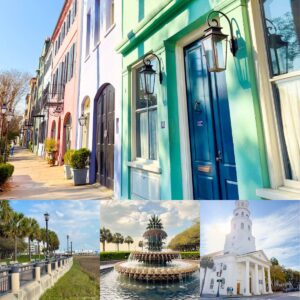 The photo collage shows Rainbow Row and the Pineapple fountain in Charleston next to two more photos from the walking tour.