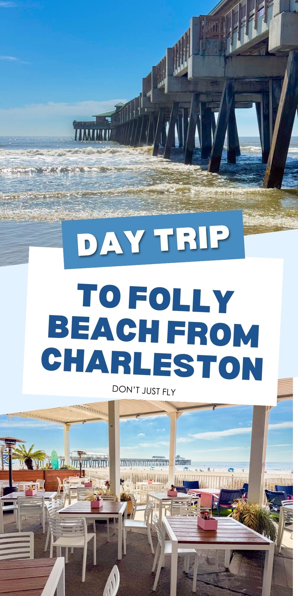 The photo collage shows the Folly Beach Pier and an oceanfront restaurant.