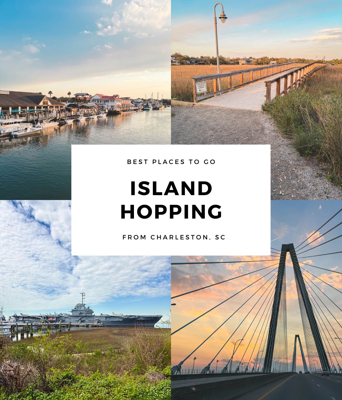The photo collage shows several beach scenes around Charleston.