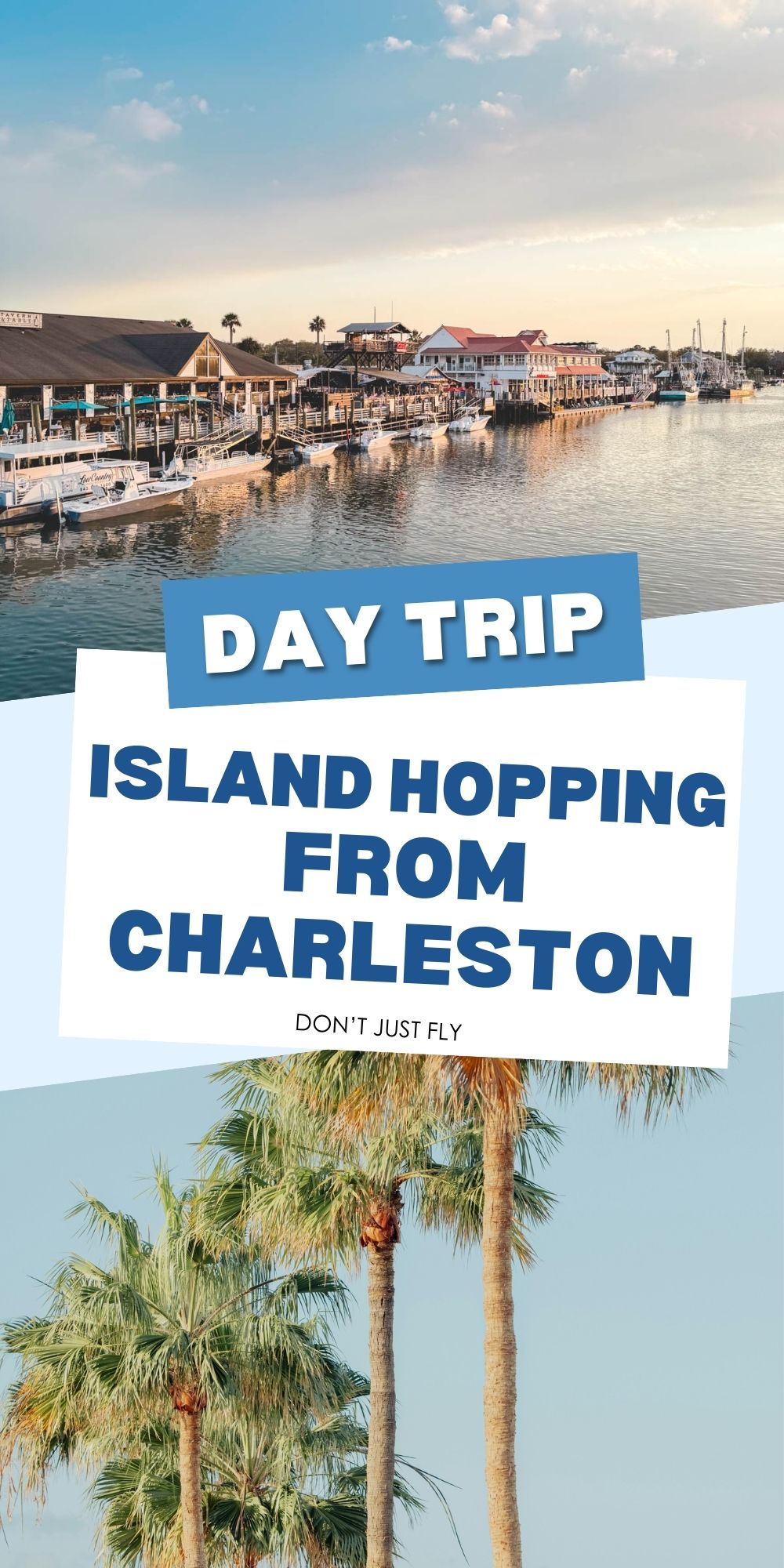 The photo collage shows a cute beach town next to a row of palm trees.
