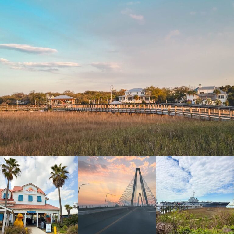 The photo collage shows several beach scenes around Charleston.