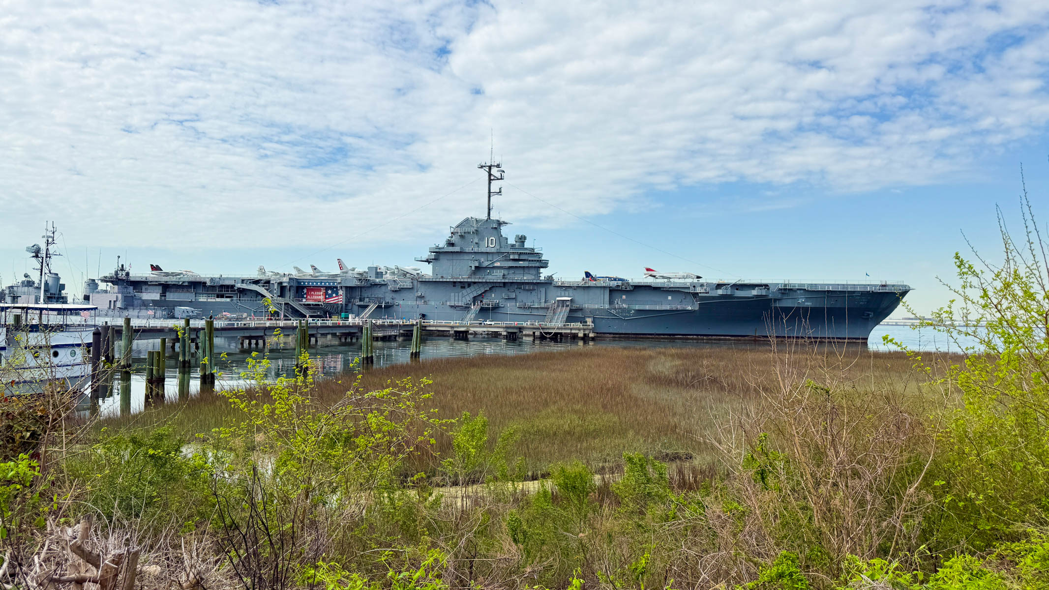 The large naval ship in the water in Mount Pleasant, SC.
