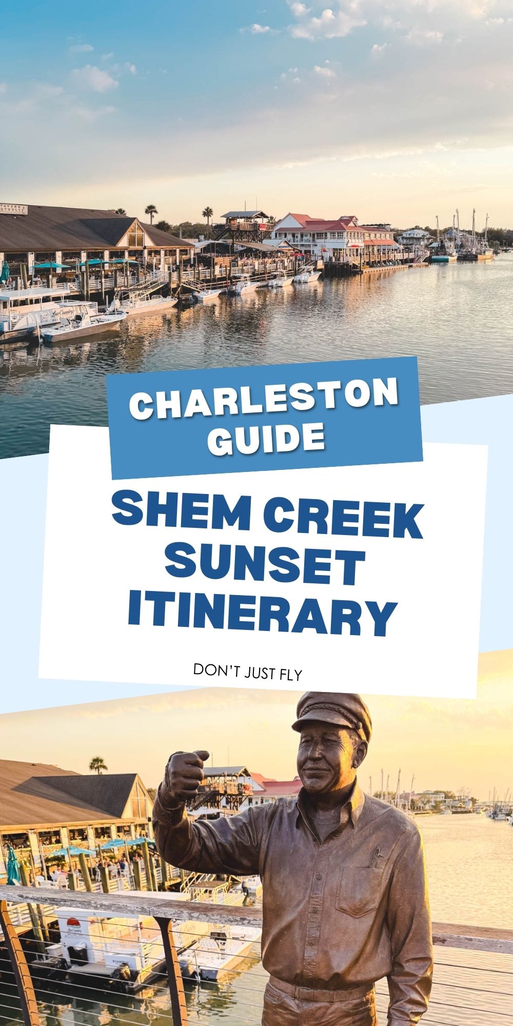 The photo collage shows the waterfront dining in Shem Creek next to a fishing memorial statue.