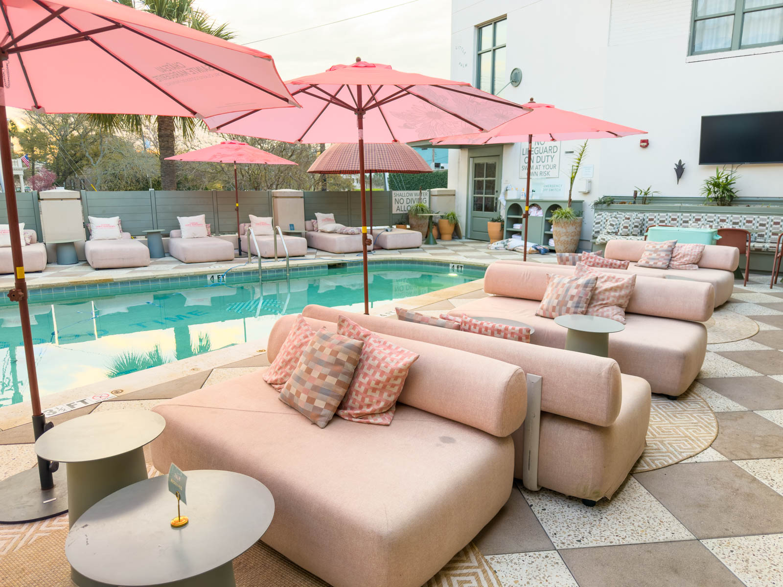 The loungers next to the pool at the Ryder Hotel.