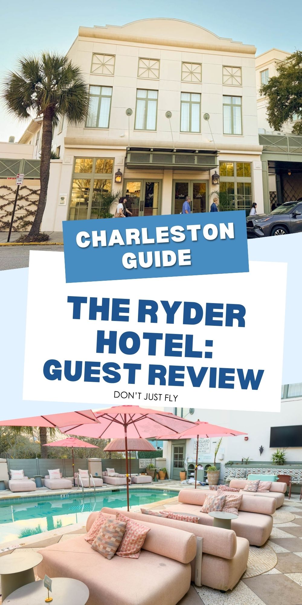 The photo collage shows the front of the hotel along side the pool area.