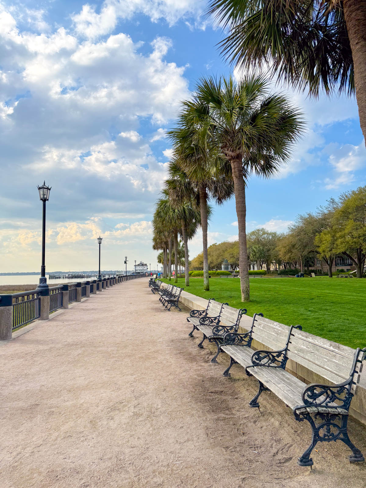 The pathway along the water through the park is lined with palm trees.